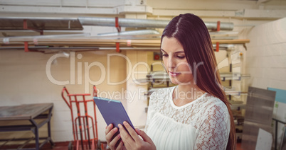 Composite image of pretty girl with tablet