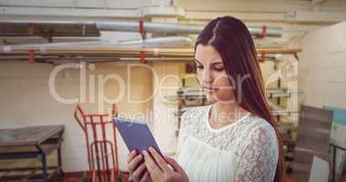 Composite image of pretty girl with tablet