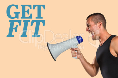 Composite image of irritated male trainer yelling through megaph