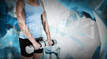 Composite image of muscular woman exercising with dumbbells