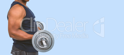 Composite image of fit man lifting heavy barbell