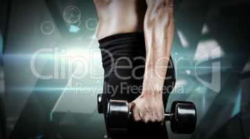 Composite image of muscular woman lifting heavy dumbbells