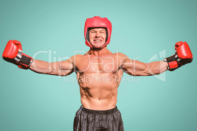 Composite image of winner boxer with arms outstretched