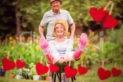 Composite image of happy senior couple playing with a wheelbarro