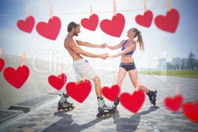 Composite image of fit couple rollerblading together on the prom