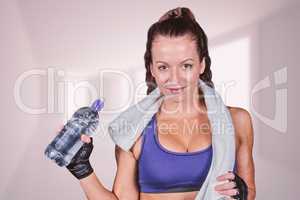 Composite image of portrait of pretty smiling woman with water b