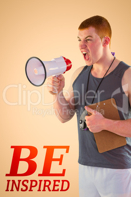 Composite image of angry personal trainer yelling through megaph