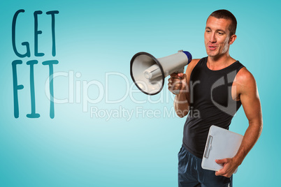 Composite image of trainer using megaphone while holding clipboa
