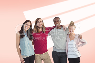 Composite image of portrait of smiling business team with arms a