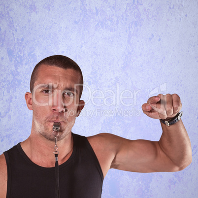 Composite image of portrait of attentive trainer blowing his whi