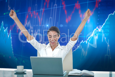 Composite image of businesswoman celebrating a great success