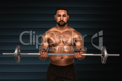 Composite image of muscular man lifting heavy barbell