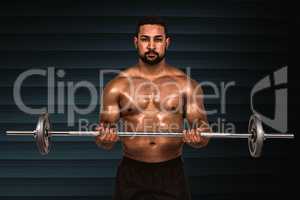 Composite image of muscular man lifting heavy barbell