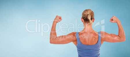 Composite image of rear view of woman flexing muscles