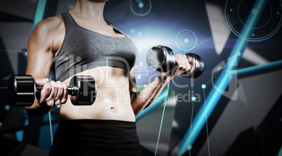 Composite image of muscular woman lifting heavy dumbbells