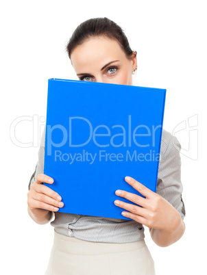 business woman with a blue binder