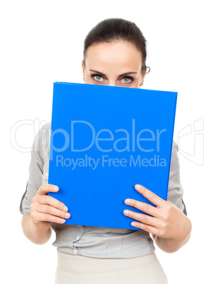 business woman with a blue binder