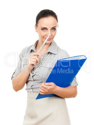 business woman with a blue binder