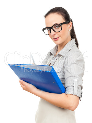 business woman with a blue binder