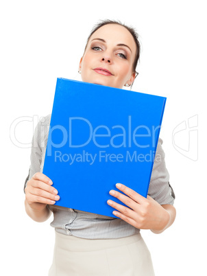 business woman with a blue binder