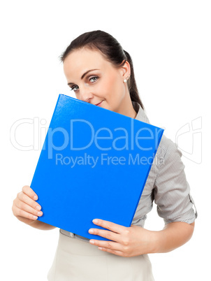 business woman with a blue binder