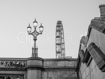 Black and white London Eye in London
