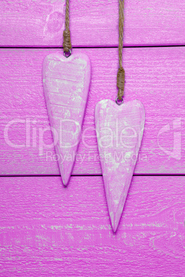 Two Hearts With Copy Space, Pink Wooden Background, Vertical Image
