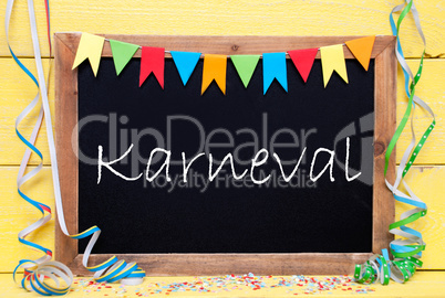 Chalkboard With Party Decoration, Text Karneval Means Carnival