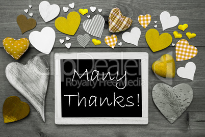 Black And White Chalkbord, Yellow Hearts, Many Thanks