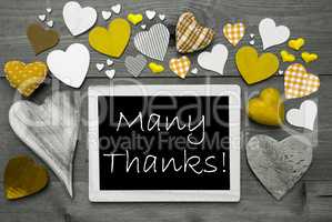 Black And White Chalkbord, Yellow Hearts, Many Thanks