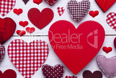 Red Hearts Texture On White Wooden Background, Copy Space, Macro