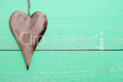 One Heart With Copy Space, Green Wooden Background