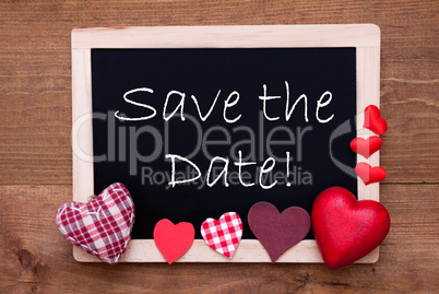 Blackboard With Textile Hearts, Text Save The Date