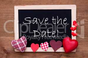 Blackboard With Textile Hearts, Text Save The Date