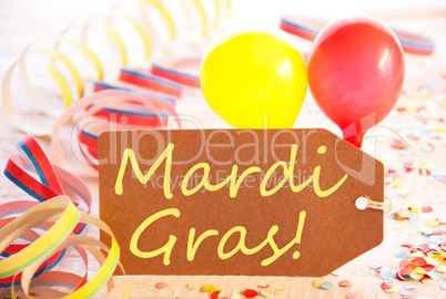 Party Label, Streamer And Balloon, Yellow Text Mardi Gras