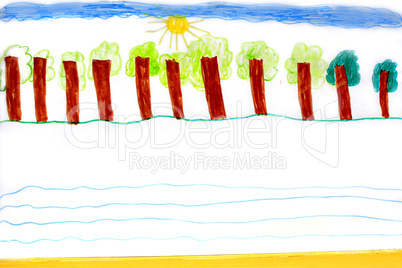 childish drawing with trees standing in row