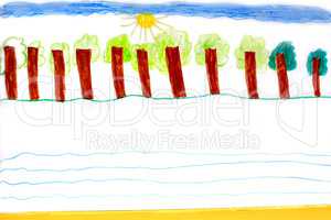 childish drawing with trees standing in row