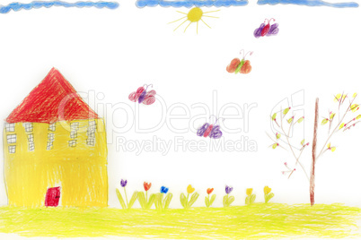 Childish drawing of house flowers and butterflies