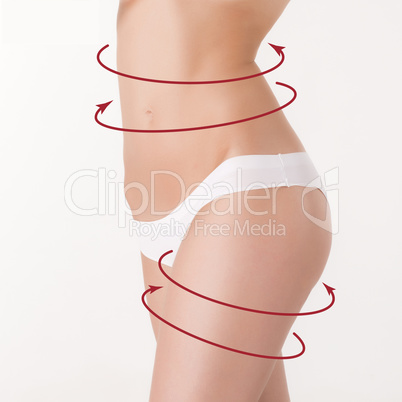 Body correction with the help of plastic surgery on white background, side view