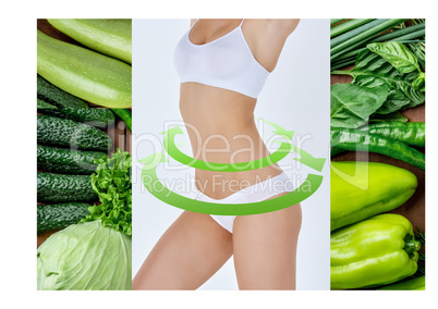 Young healthy woman with vegetables. Collage