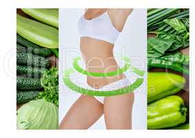 Young healthy woman with vegetables. Collage