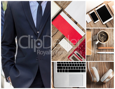 Collage or collection of businessman working tools