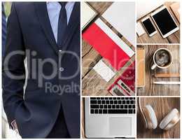 Collage or collection of businessman working tools