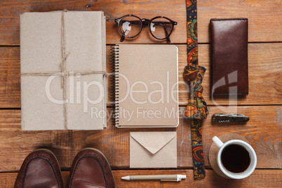 Men's accessories on the wooden table