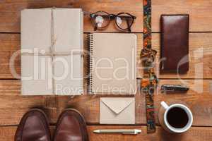 Men's accessories on the wooden table