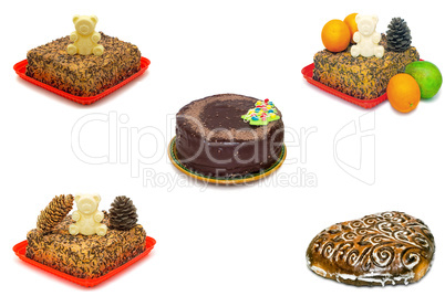 Chocolate cake and fruit on white background ( collage ).