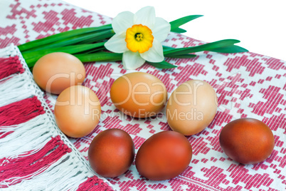 Easter: colored Easter eggs on the beautiful cloth.