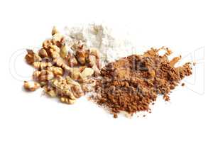 cocoa powder, floor and nuts isolated
