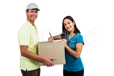 Portrait of happy delivery man with customer