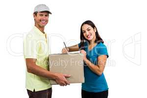 Portrait of happy delivery man with customer